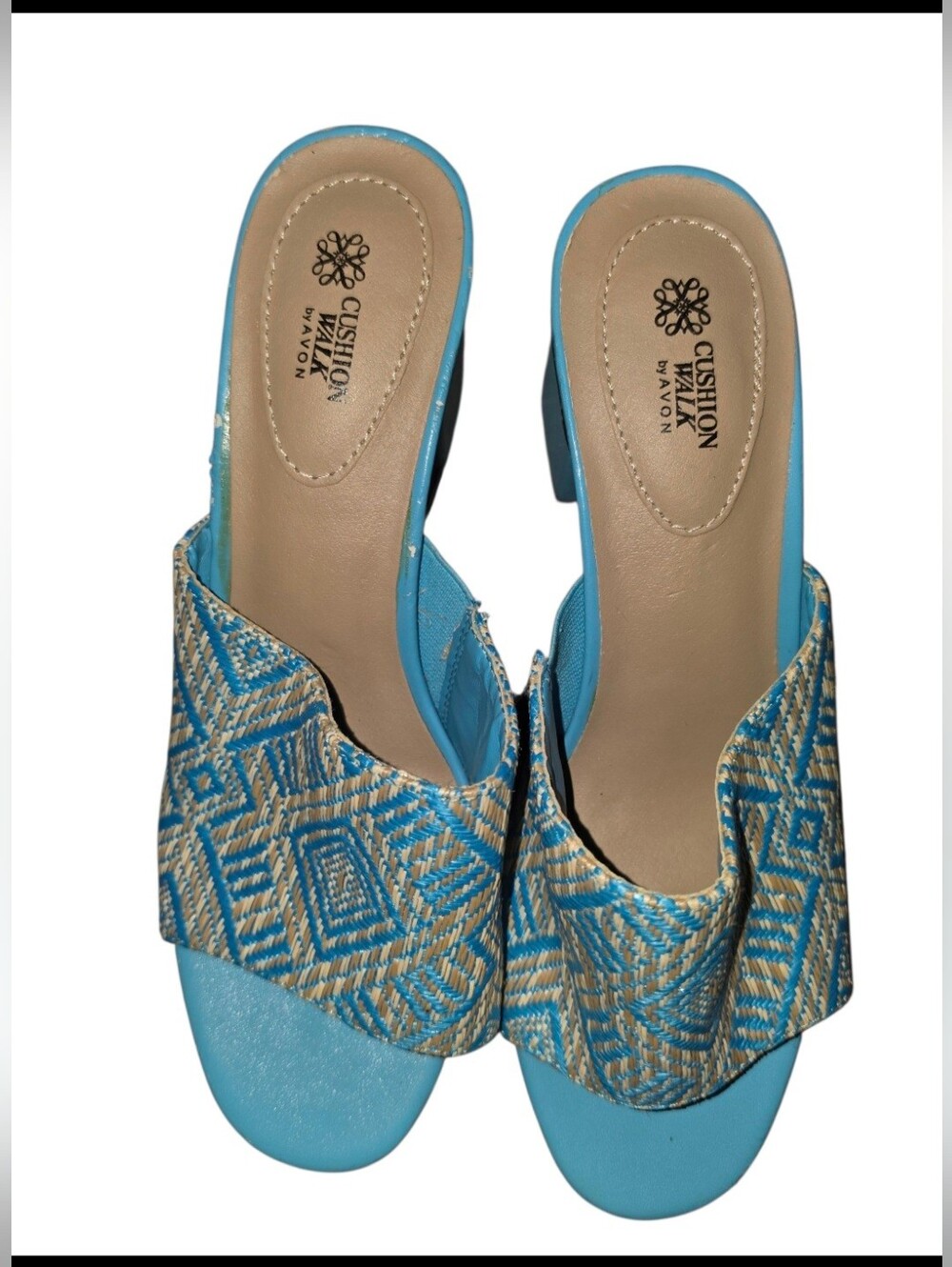 8/1/15. Womens Cushion Walk By Avon Blue Embroidered Slide Sandals